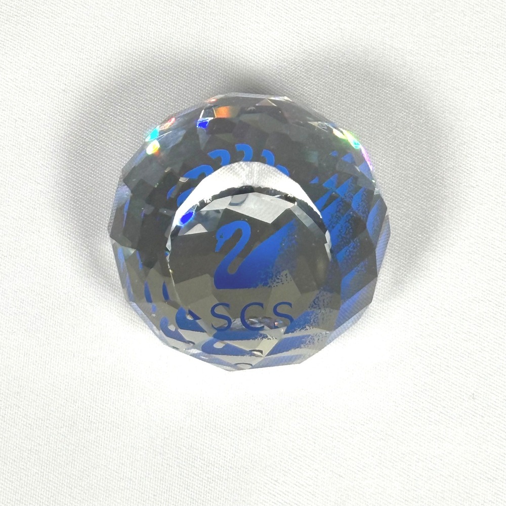 Swarovski SCS Paperweight Clear Blue Swan Logo Faceted Crystal Decor